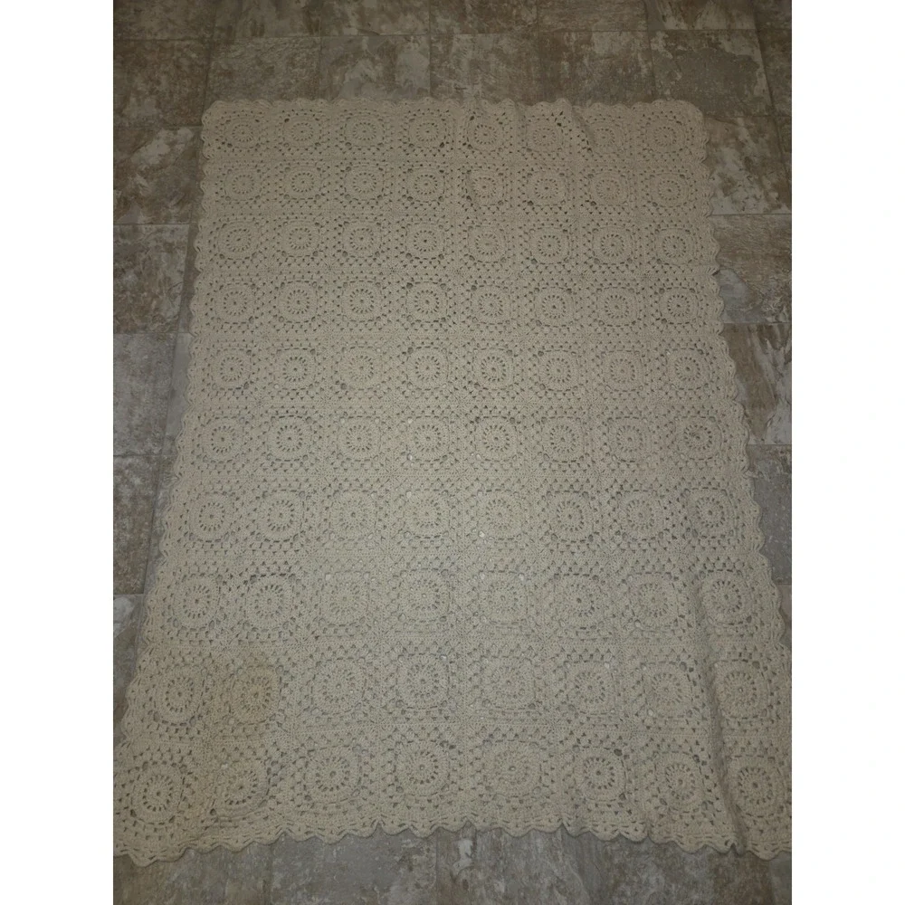 Vintage Ivory Crocheted Blanket Or Tablecloth 65in x 54in